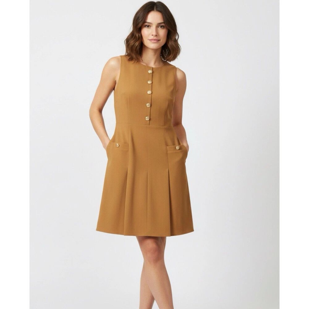 J.Crew Dress Womens 8 Caramel Brown Wool Sleeveless Shift Pockets Gold Buttons